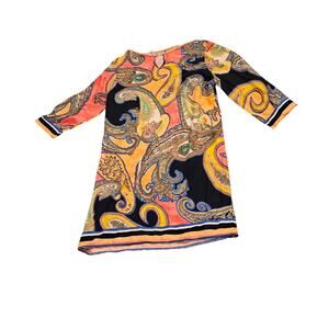 Here Paisley Print Cotton Tunic Dress Small Estimated 3/4 Sleeve Boho Multicolor